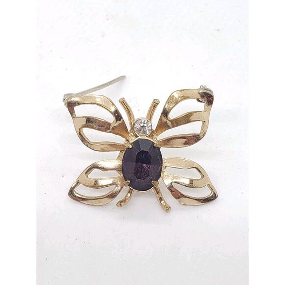Vintage Butterfly Brooch 10k Gold Plated Amethyst & Clear Rhinestone 1950s - Picture 1 of 9